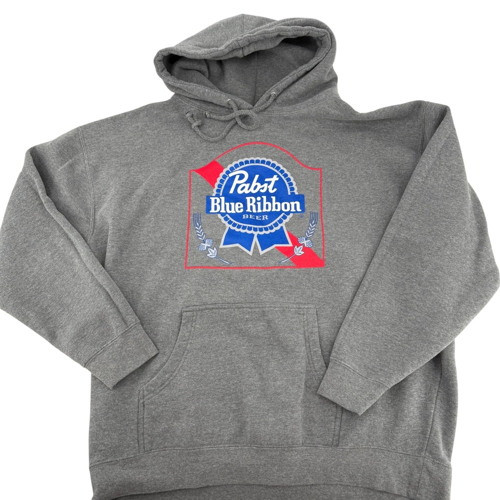 Pabst Blue Ribbon‎ Beer Gray Hoodie Sweatshirt Mens Logo Graphic Pullover XL